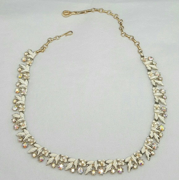 Vintage Coro Floral Enamel AB Rhinestone Necklace - Picture 1 of 8